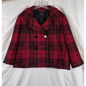 Talbots Women's Red Tartan Cropped Double Breasted Blended Wool Coat Size 14